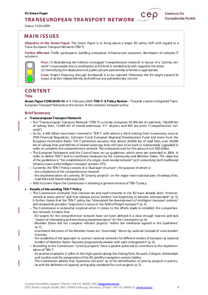 Transeuropean Transport Network COM(2009) 44