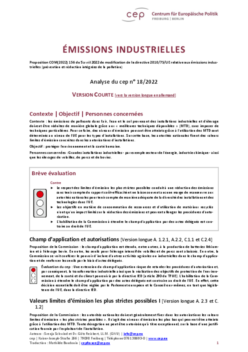 Propositions de la Commission sur les émissions industrielles : le cep Fribourg/Berlin exprime de sérieuses réserves