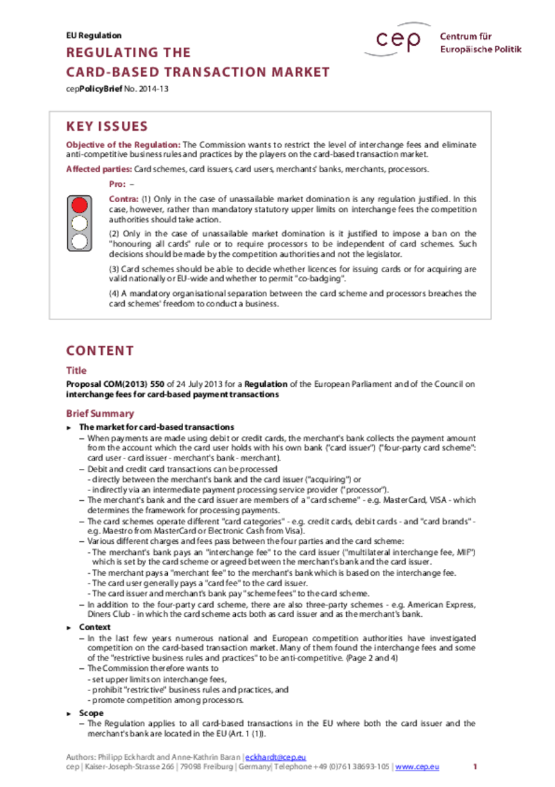 Regulating the card-based transaction market COM(2013) 550