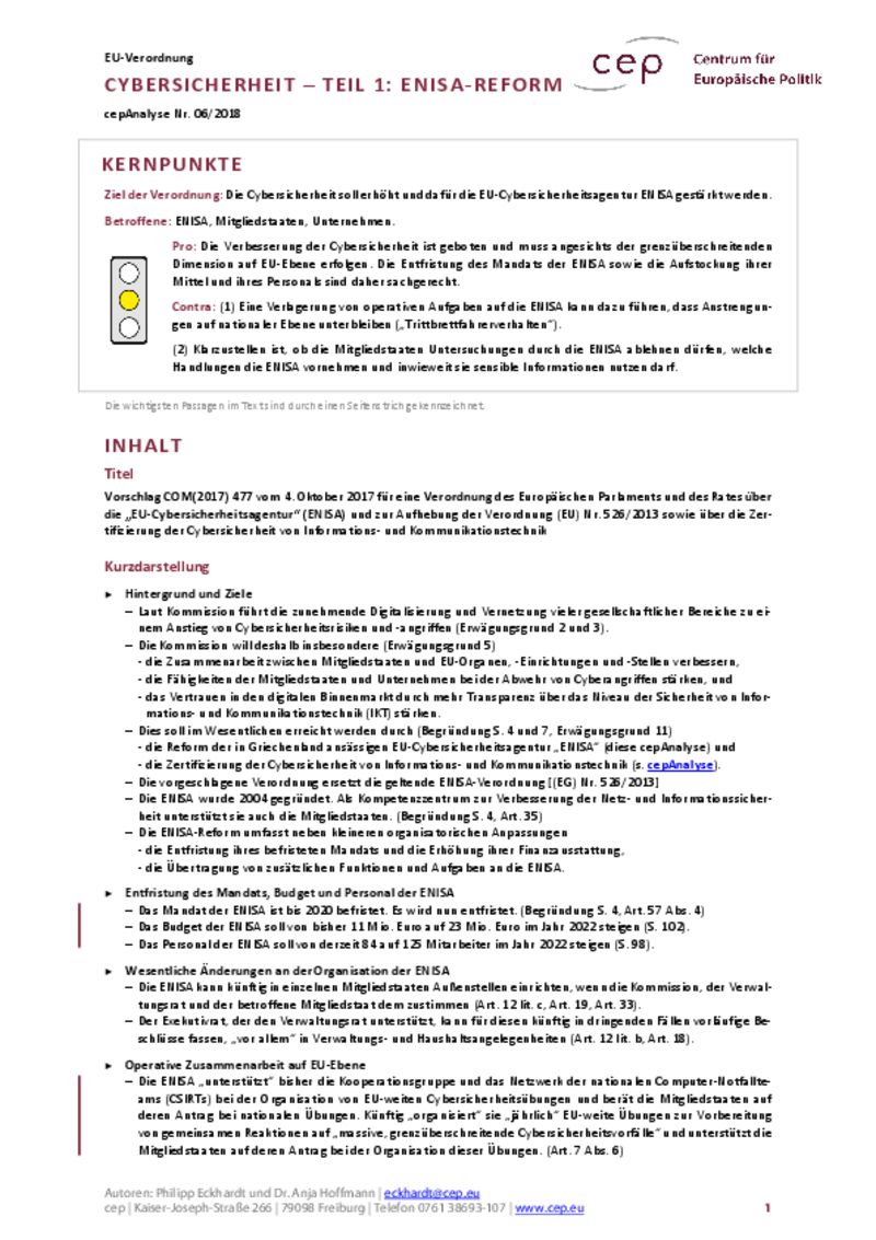 Cybersicherheit – Teil 1: ENISA-Reform COM(2017) 477