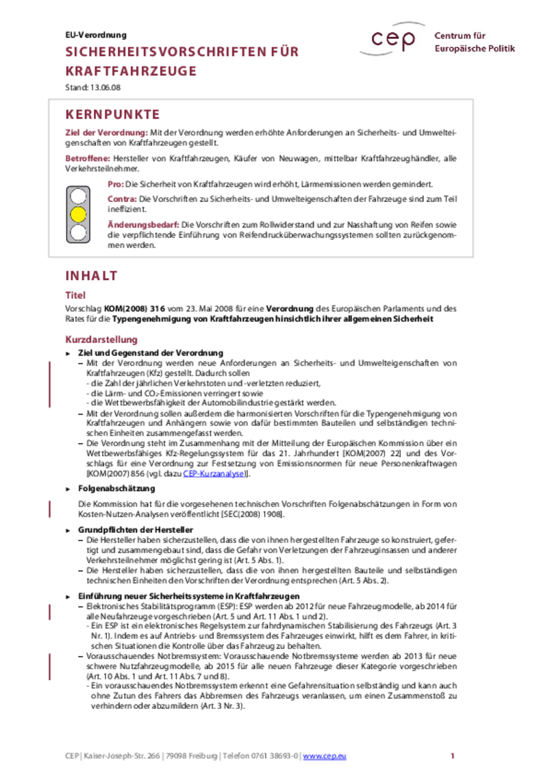 Sicherheitsvorschriften für Kraftfahrzeuge KOM(2008) 316