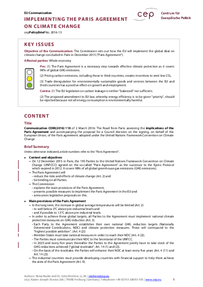 Implementing the Paris Agreement on Climate Change COM(2016) 110