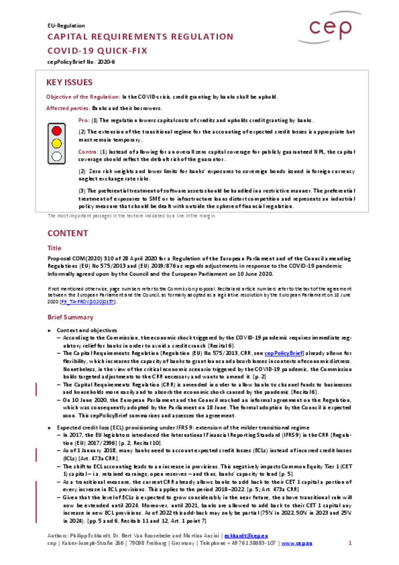 Eigenkapitalverordnung: COVID-19 quick-fix (cepAnalyse zu Verordnung COM(2020) 310)