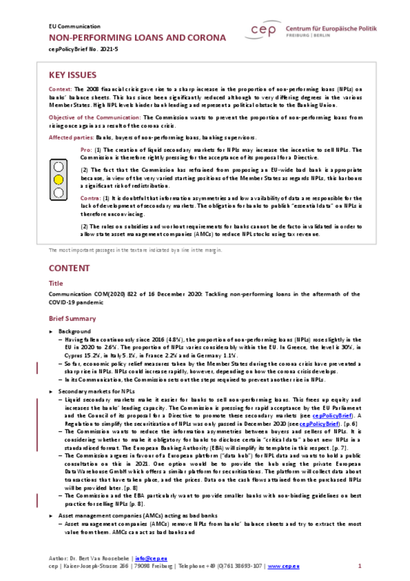 Non-Performing Loans and Corona (cepPolicyBrief COM(2020) 822)
