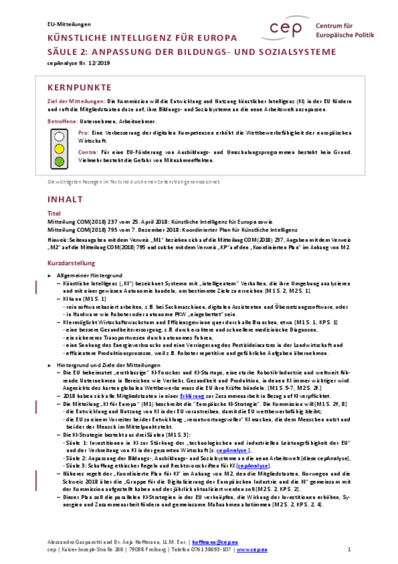 Künstliche Intelligenz für Europa – Säule 2: Anpassung der Bildungs- und Sozialsysteme COM(2018) 237