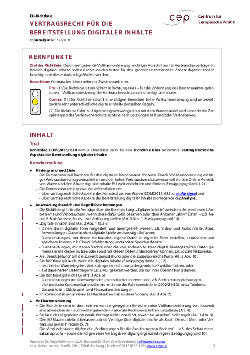 Vertragsrecht für die Bereitstellung digitaler Inhalte COM(2015) 634