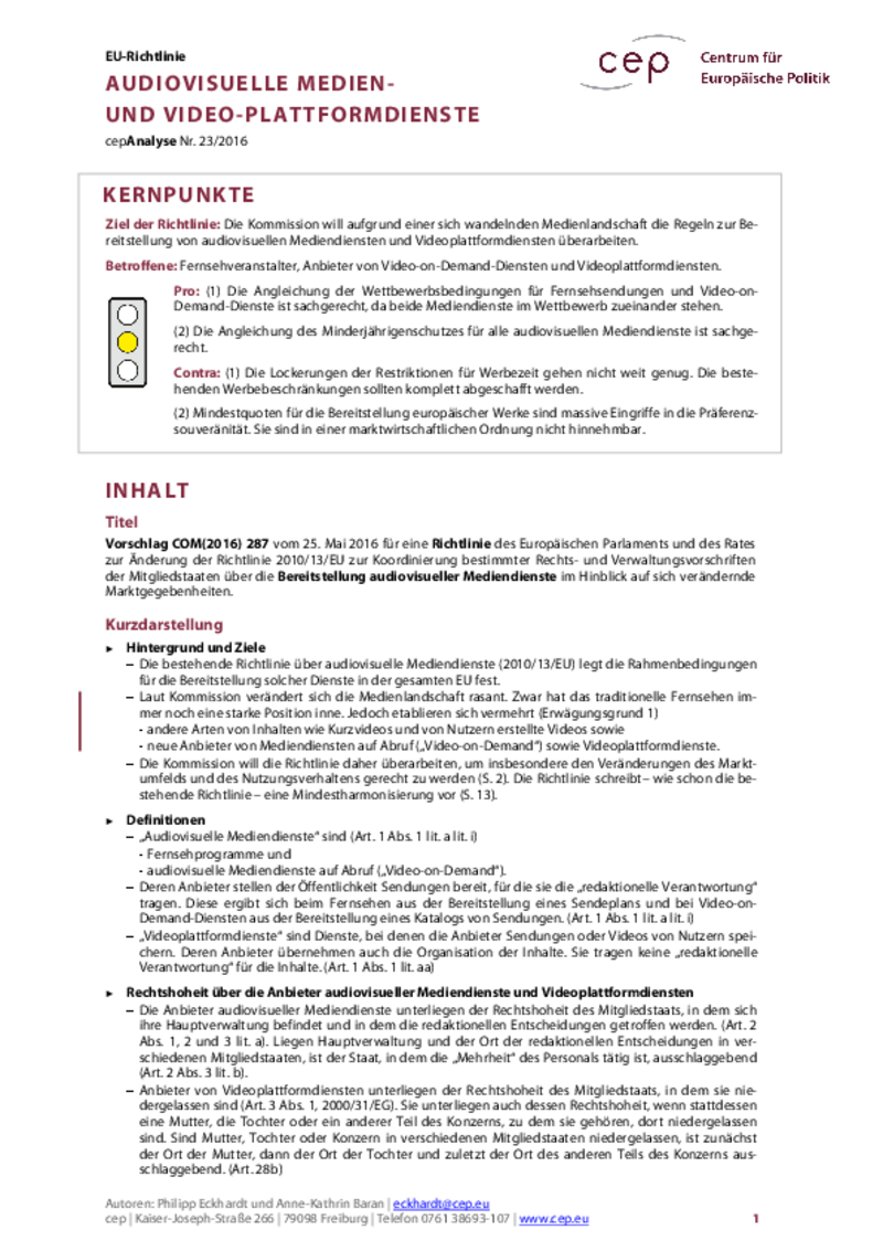 Audiovisuelle Medien- und Video-Plattformdienste COM(2016) 287