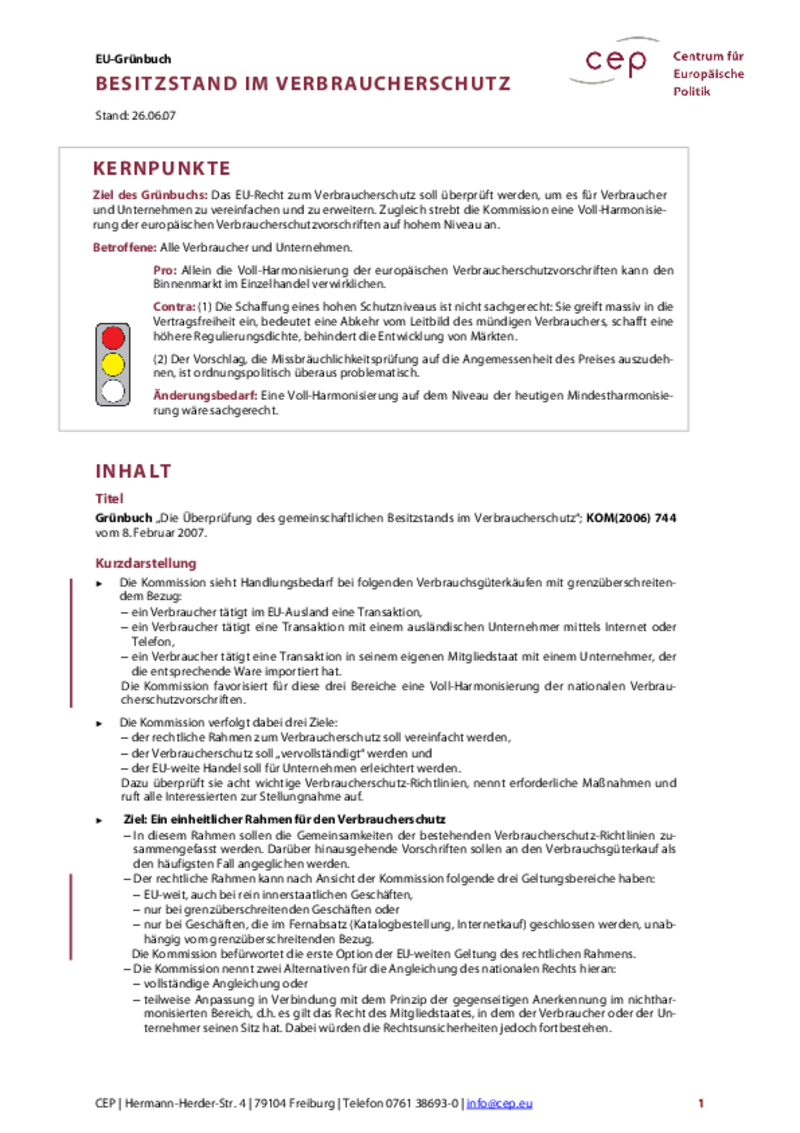 Besitzstand im Verbraucherschutz KOM(2006) 744