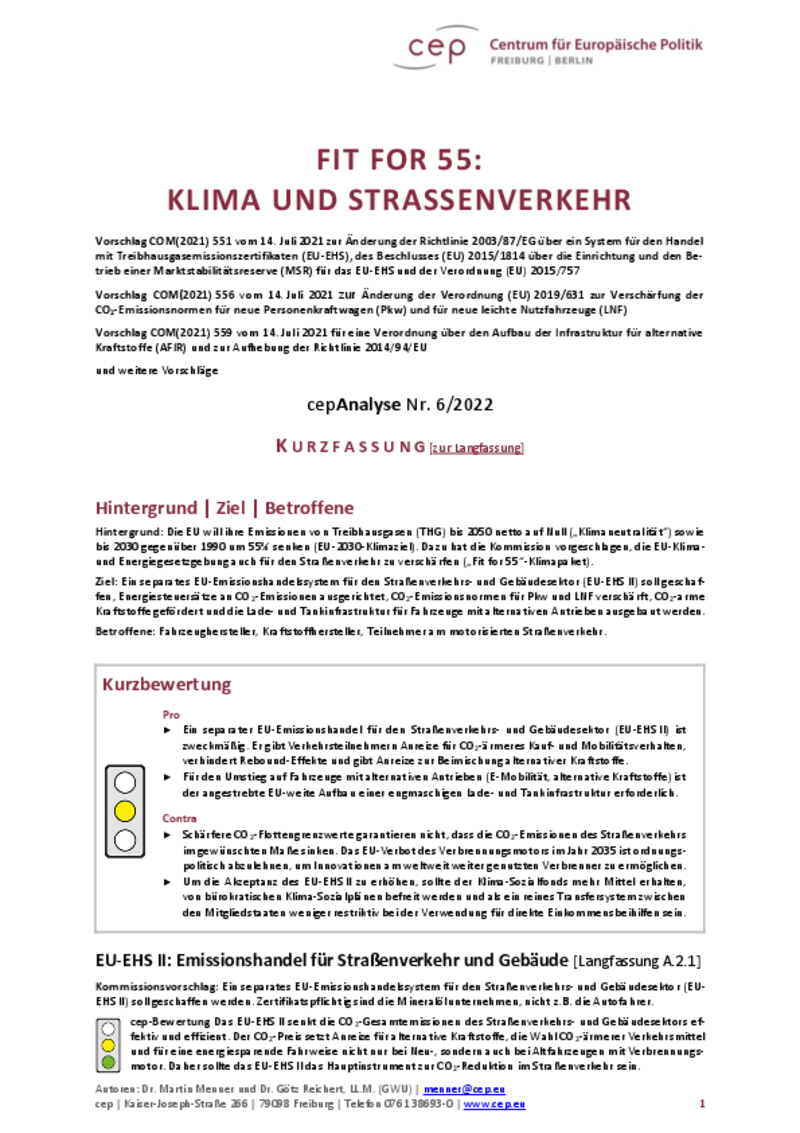 Fit for 55: Klima und Straßenverkehr (cepAnalyse Kurzfassung)