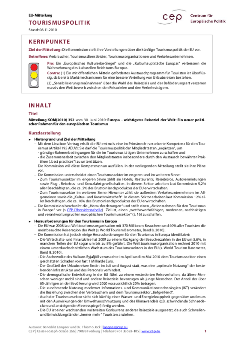 Tourismuspolitik KOM(2010) 352