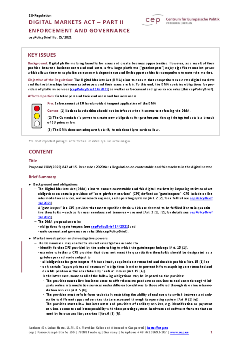 Digital Markets Act - Part II Enforcement and Governance (cepPolicyBrief COM2020_842)