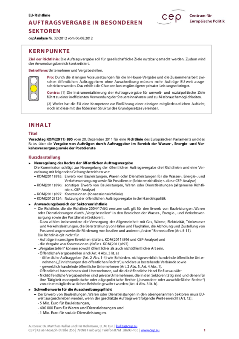 Auftragsvergabe in besonderen Sektoren COM(2011) 895