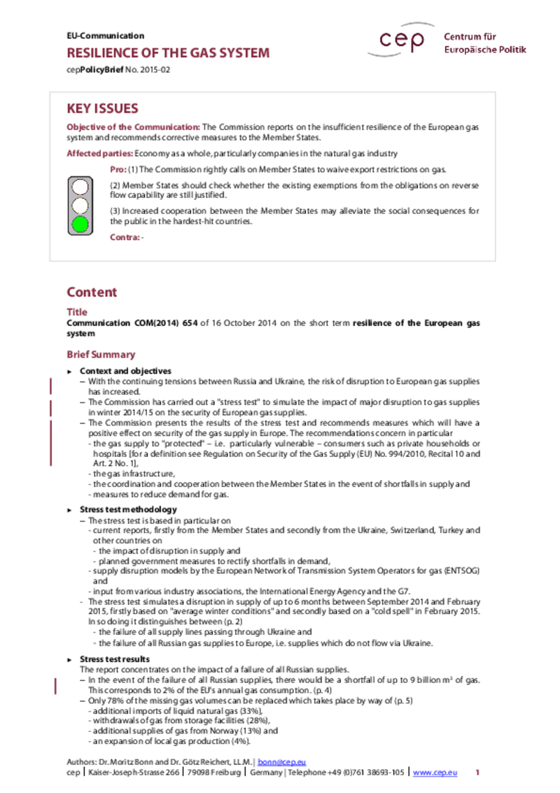 Resilience of the Gas System COM(2014) 654