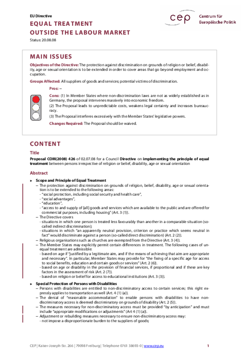 Equal Treatment Outside the Labour Market COM(2008) 426