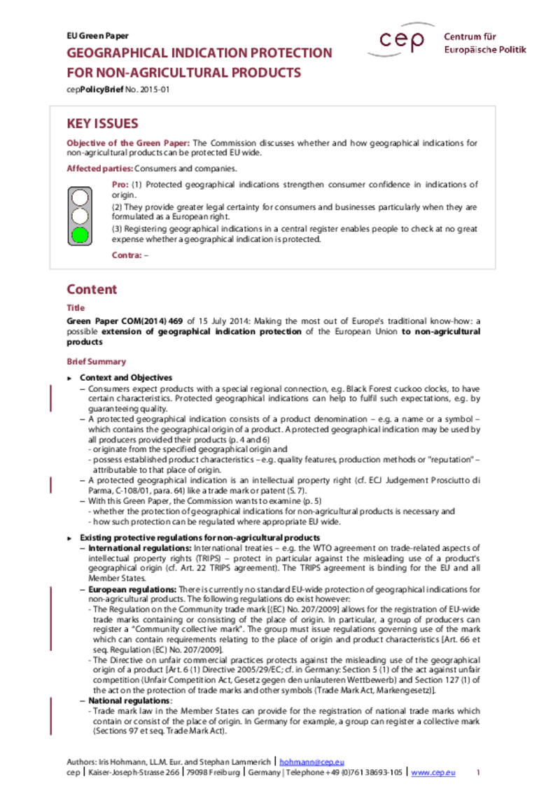 Geographical indication protection for non-agricultural products COM(2014) 469