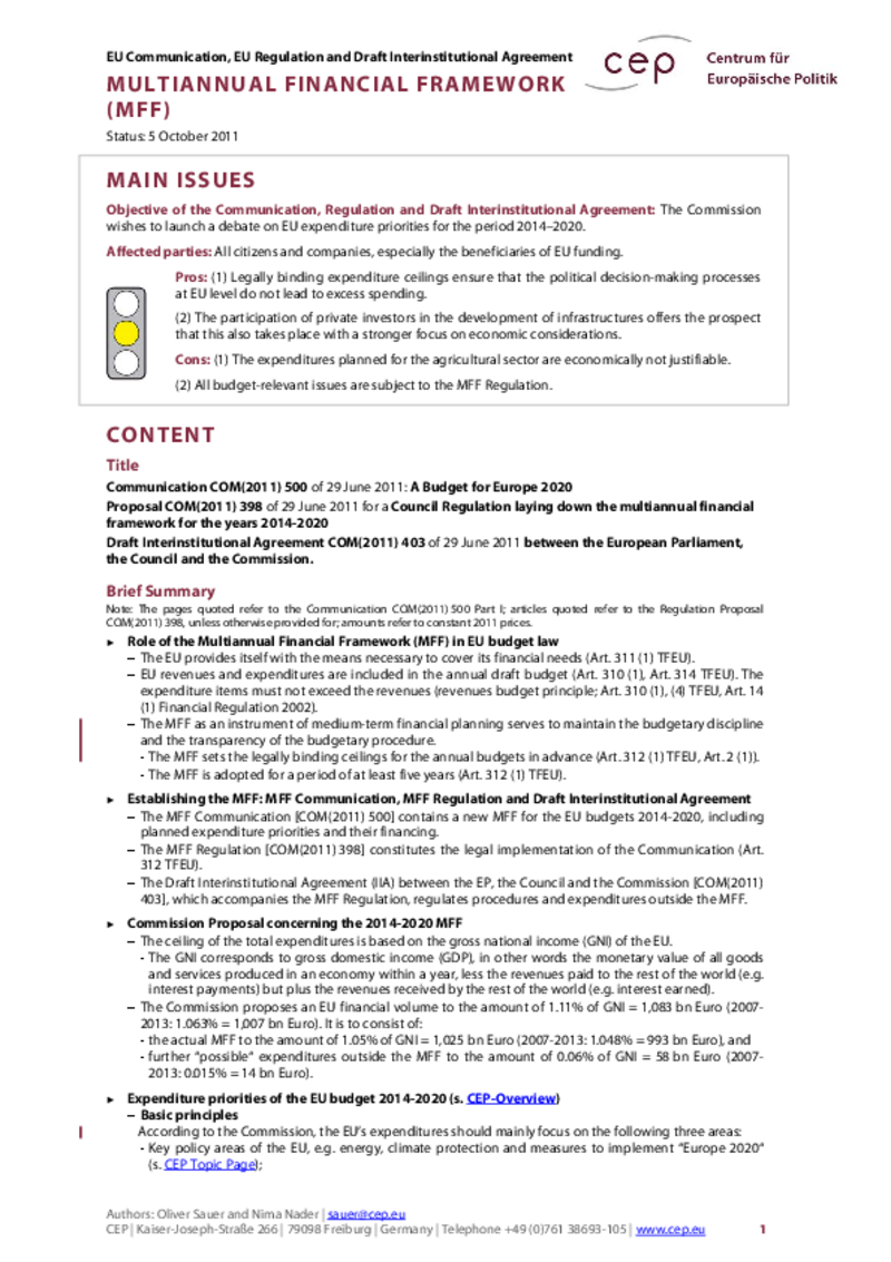 Multiannual Financial Framework (MFF) COM(2011) 398