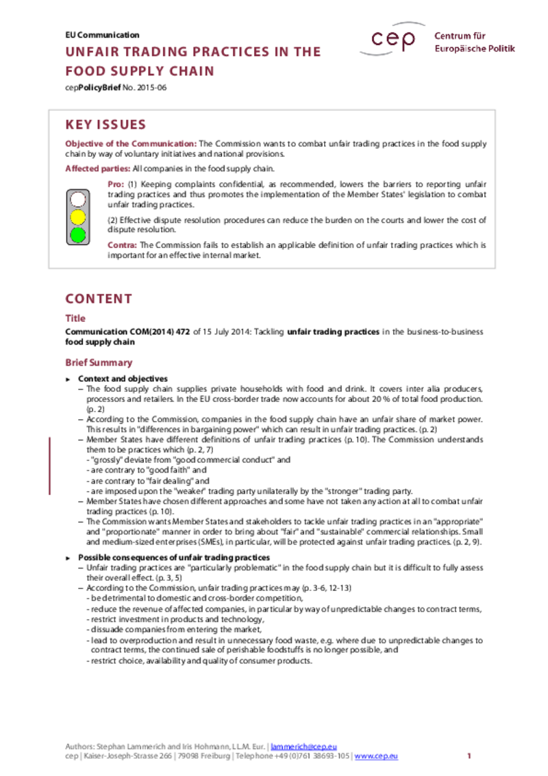 Unfair trading practices in the food supply chain COM(2014) 472