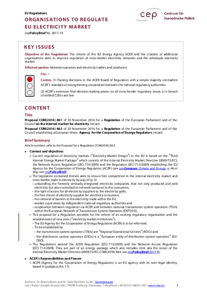 Organisations to regulate the EU Electricity Market COM(2016) 863
