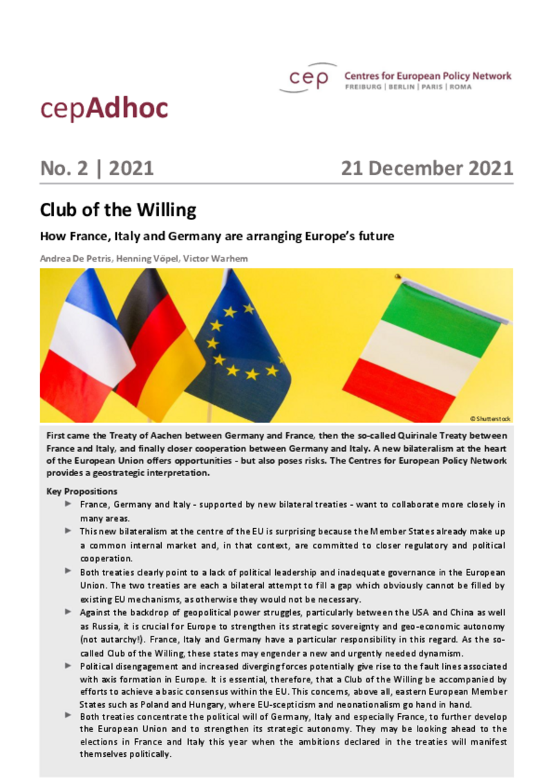 Club of the Willing: How France, Italy and Germany are arranging Europe’s future (cepAdhoc)