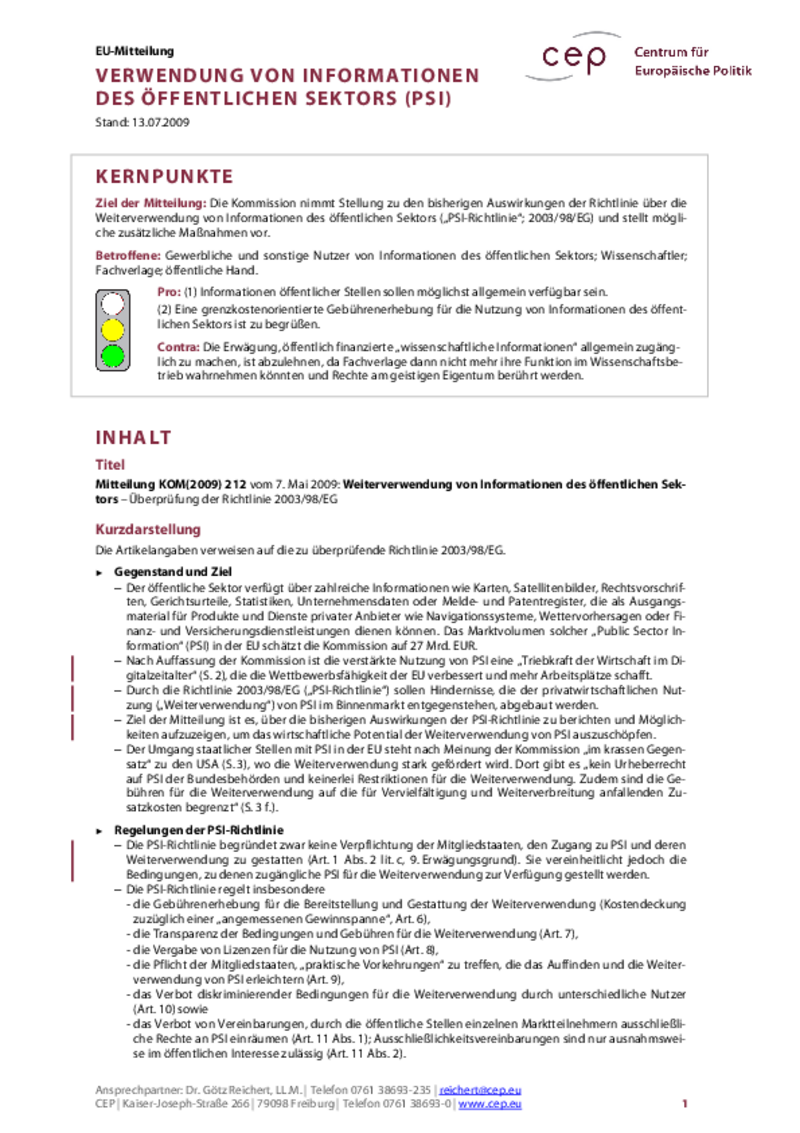 Verwendung von Informationen des öffentlichen Sektors (PSI) KOM(2009) 212