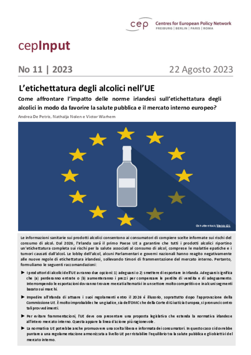 L’etichettatura degli alcolici nell’UE (cepInput)