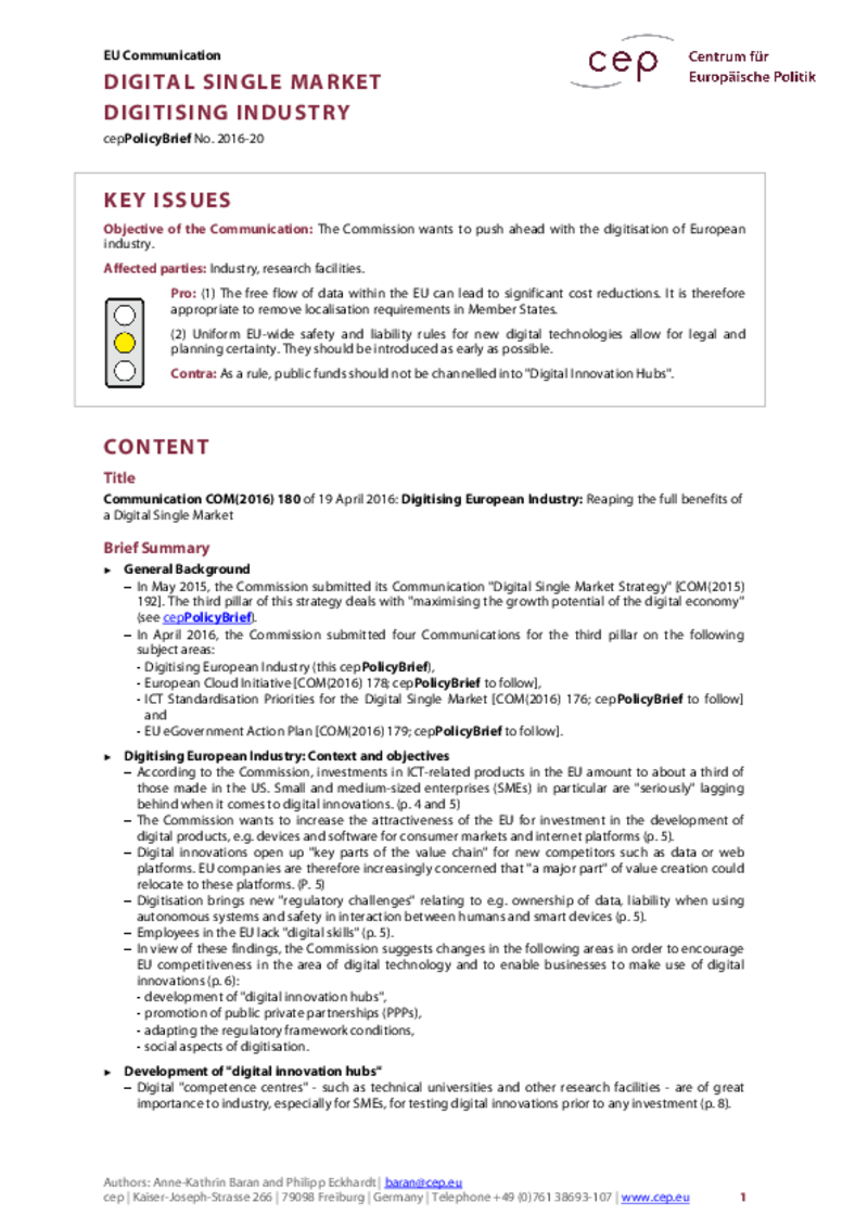 Digital Single Market: Digitising Industry COM(2016) 180