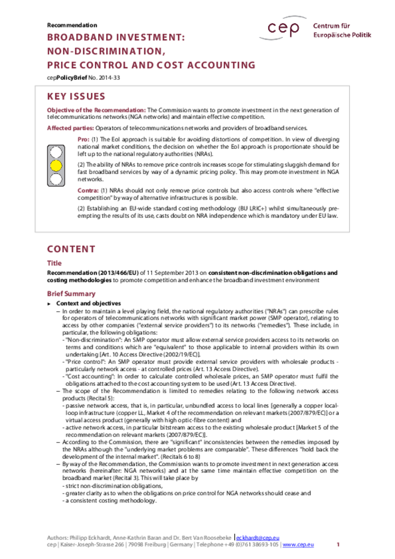 Broadband Investment: Non-discrimination, Price Control and Cost Accounting