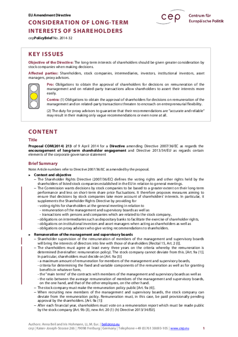 Focussing on the Long-term Interests of Shareholders COM(2014) 213