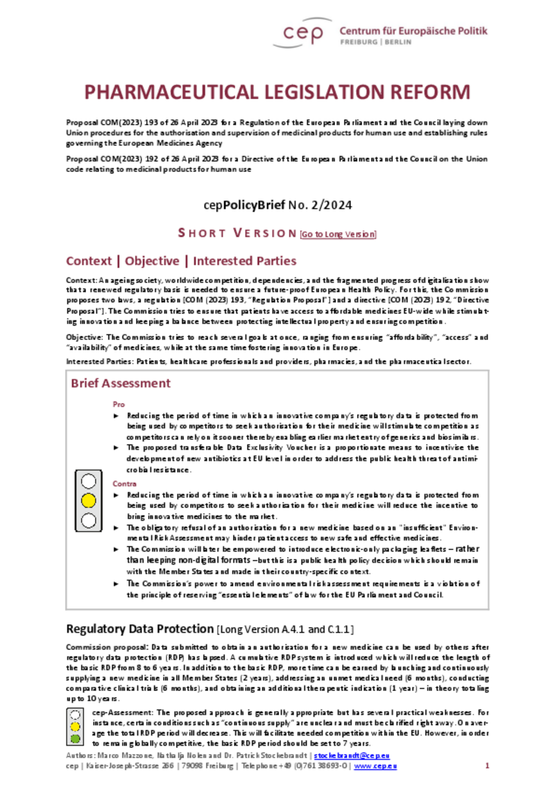 Pharmaceutical Legislation Reform (cepPolicyBrief Short Version)