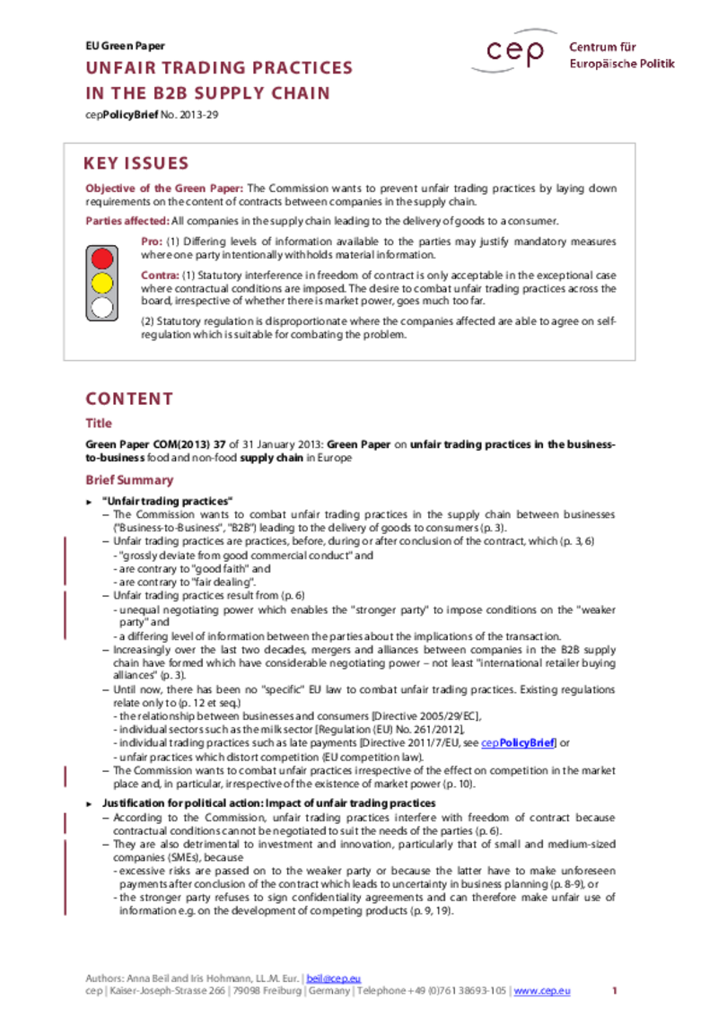 Unfair Trading Practices in the B2B Supply Chain COM(2013) 37