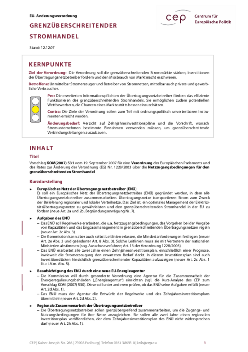 Grenzüberschreitender Stromhandel KOM(2007) 531