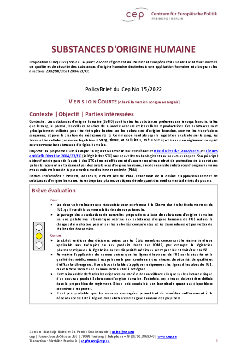 Le cep Berlin/Fribourg critique les plans de l'UE sur les substances d'origine humaine (SoHO)