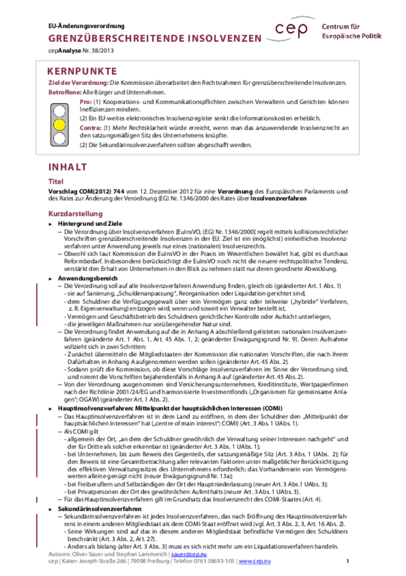 Grenzüberschreitende Insolvenzen COM(2012) 744