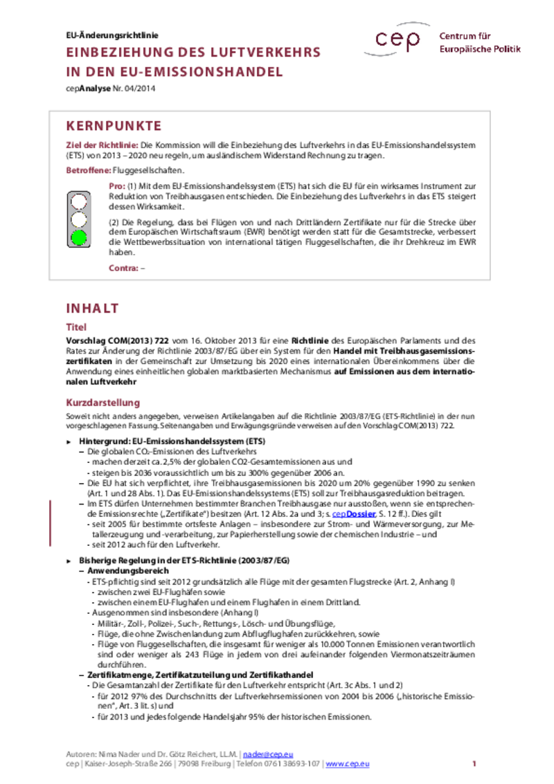 Einbeziehung des Luftverkehrs in den EU-Emissionshandel COM(2013) 722