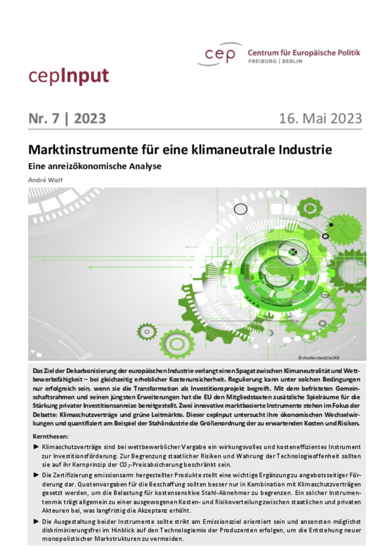 Marktinstrumente für eine klimaneutrale Industrie (cepInput)