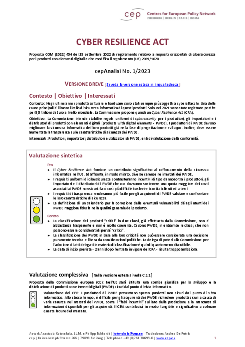 Il Cyber Resilience Act (cepAnalisi su COM(2022) 454)