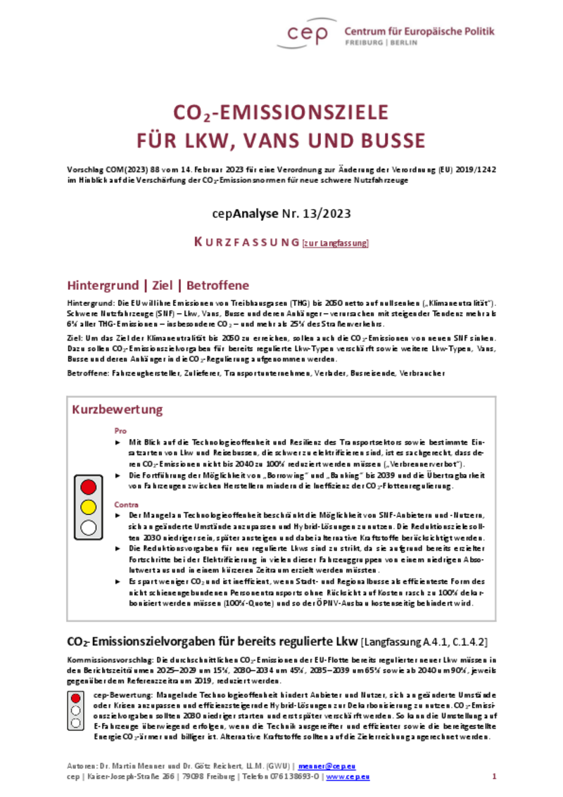 Verschärfung der CO2-Emissionsnormen für neue schwere Nutzfahrzeuge (cepAnalyse zu COM(2023) 88) Kurzfassung