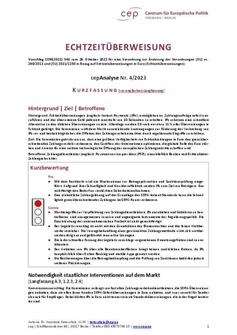 Echtzeitüberweisung (cepAnalyse zu COM(2022) 546)_Kurzfassung