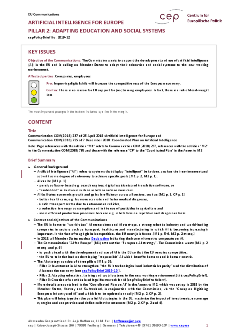 Artificial Intelligence for Europe – Pillar 2: Adapting Education and Social Systems COM(2018) 237