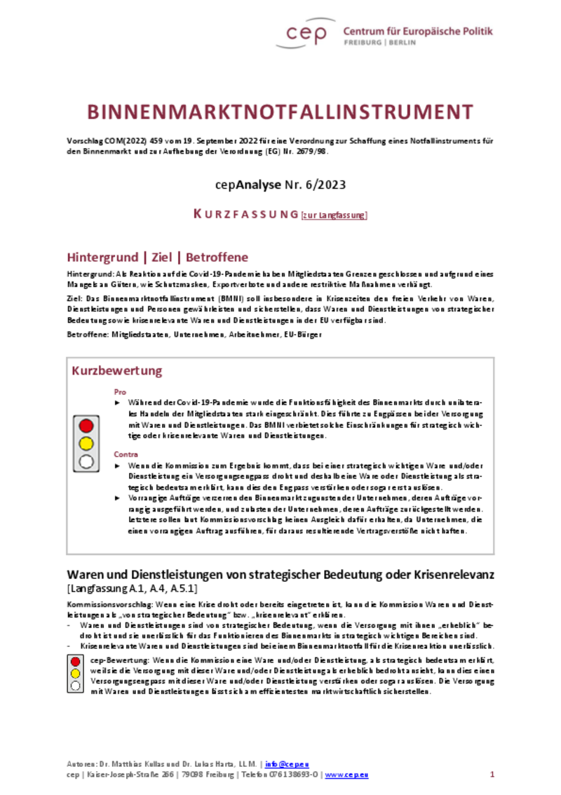 Binnenmarktnotfallinstrument (cepAnalyse zu COM(2022) 459) Kurzfassung