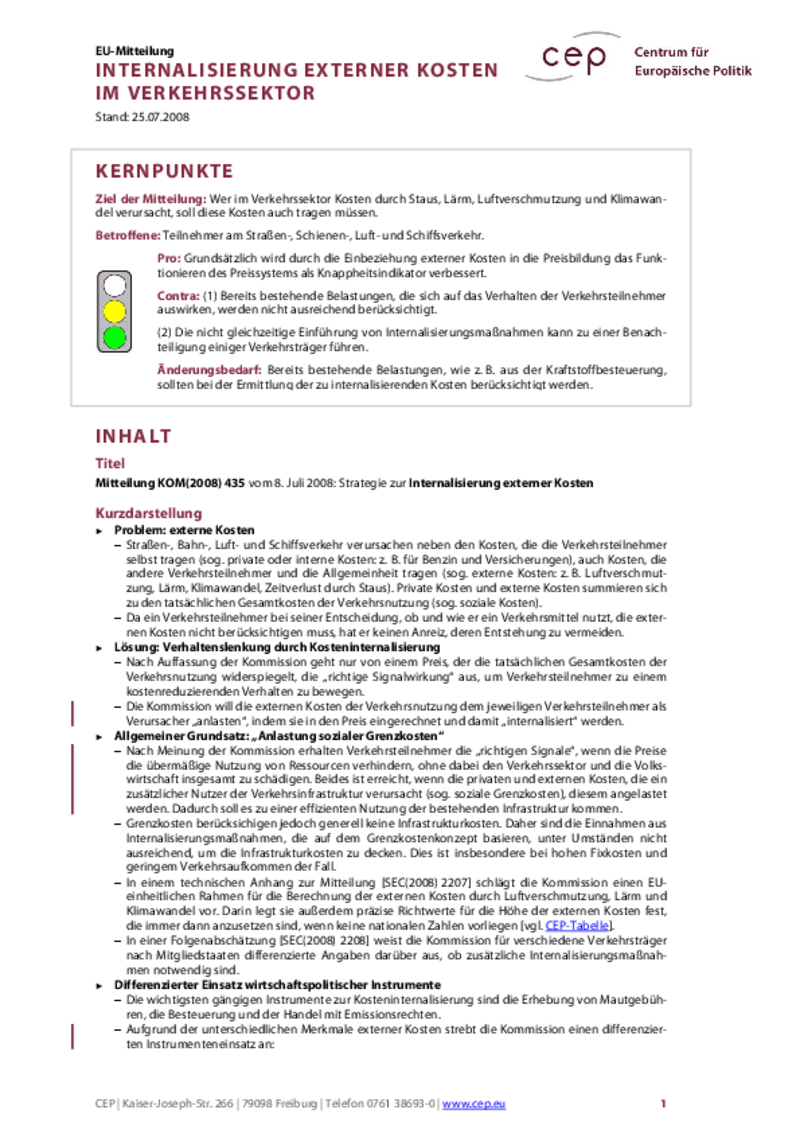 Internalisierung externer Kosten im Verkehrssektor KOM(2008) 435