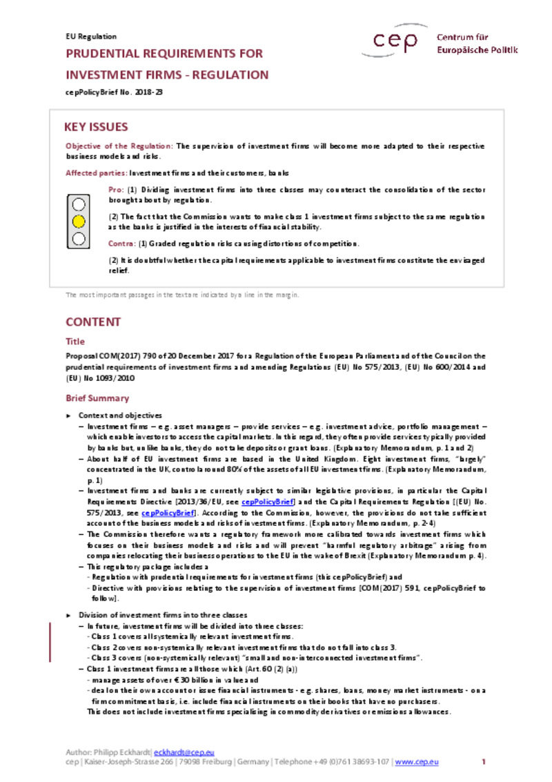 Prudential Requirements of Investment Firms COM(2017) 790