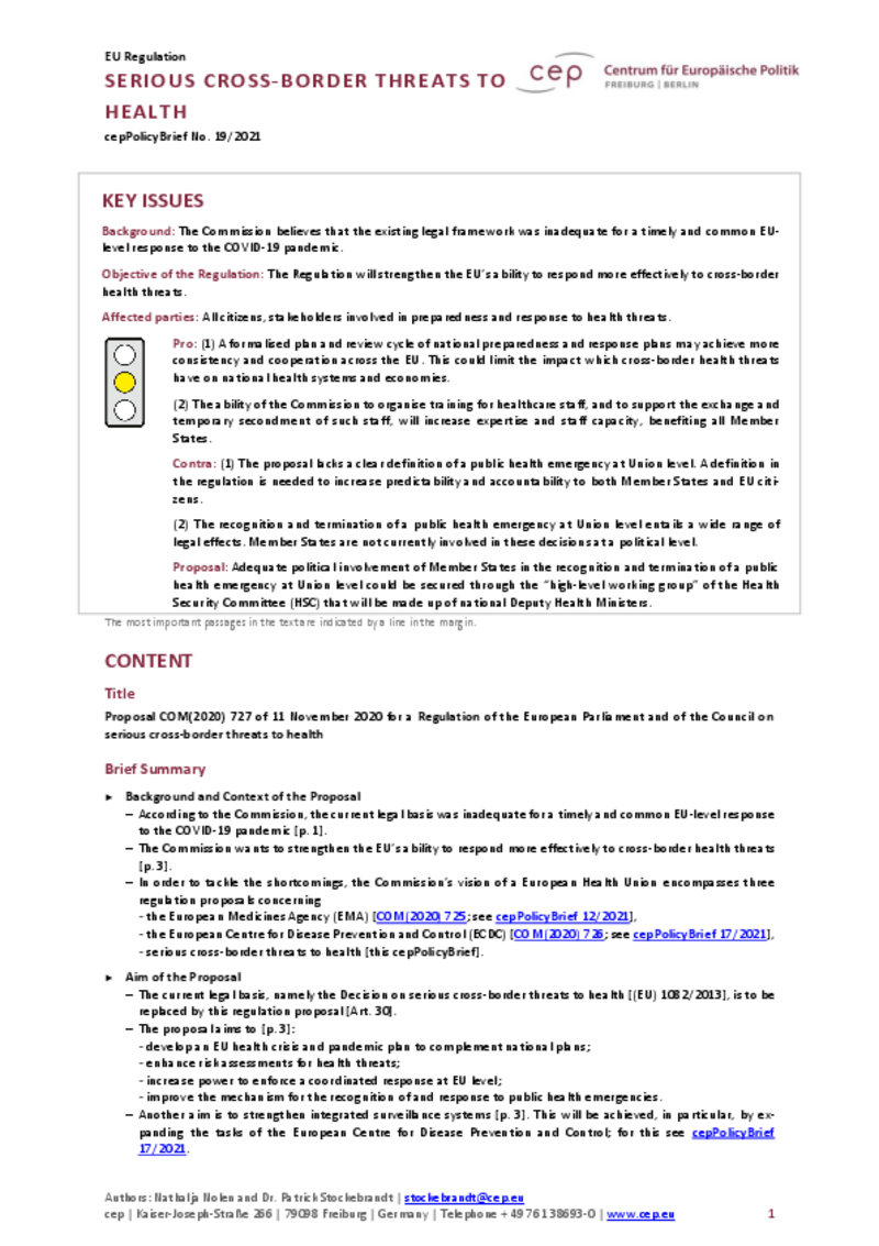 Schwerwiegende Grenzüberschreitende Gesundheitsgefahren (cepAnalyse zur COM2020_727)