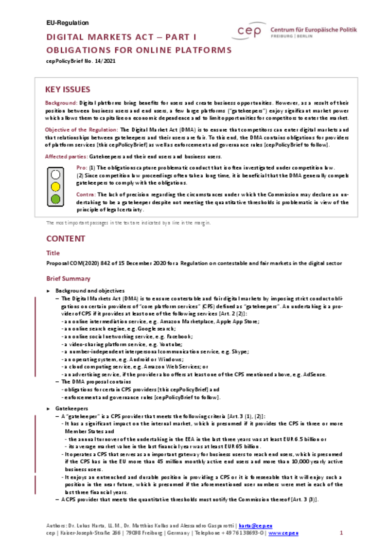 Digital Markets Act - Part I Obligations for Online Platforms (cepPolicyBrief COM2020_842)