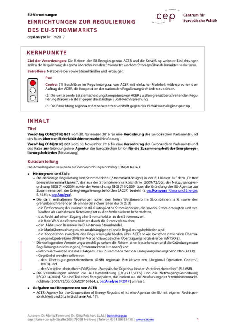 Einrichtungen zur Regulierung des EU-Strommarkts COM(2016) 863