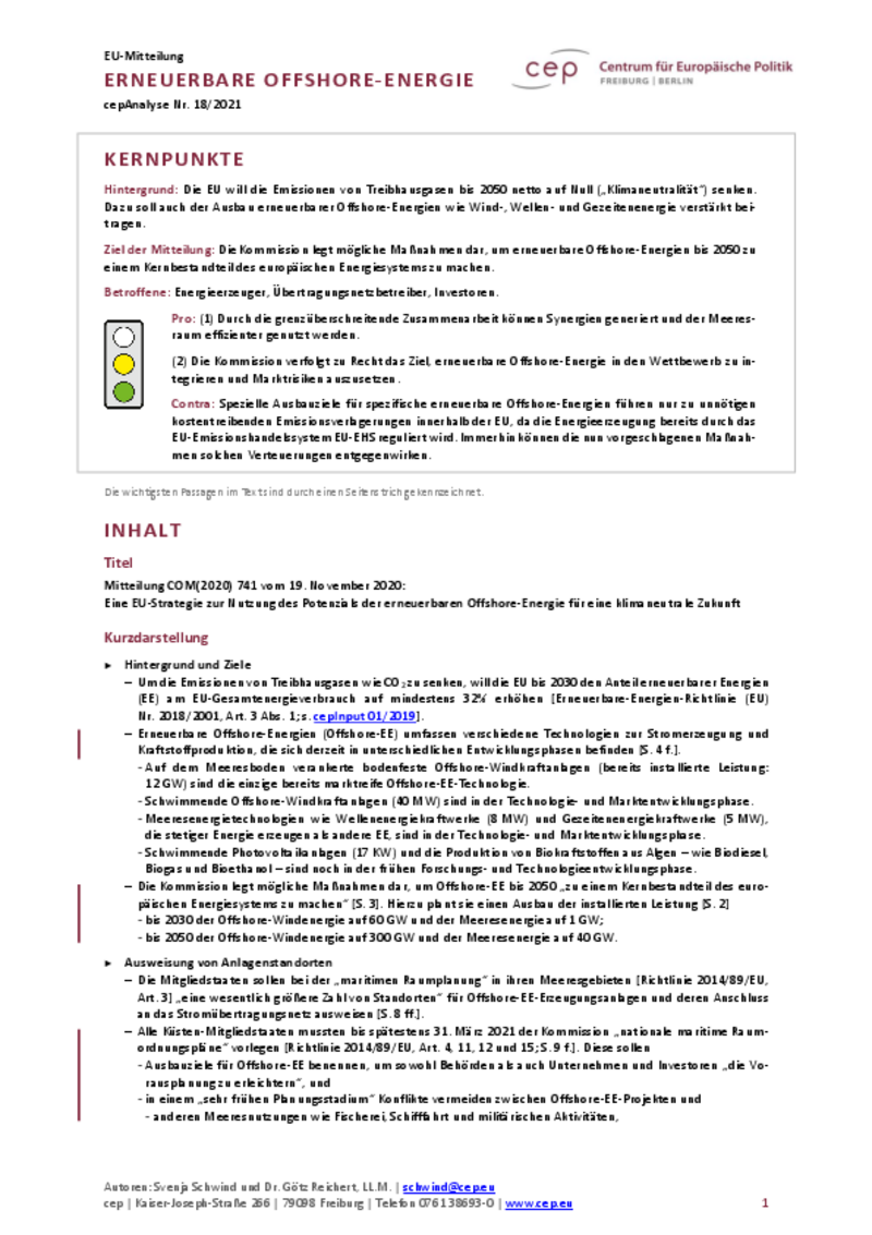 Erneuerbare Offshore-Energie (cepAnalyse zu COM2020 741)
