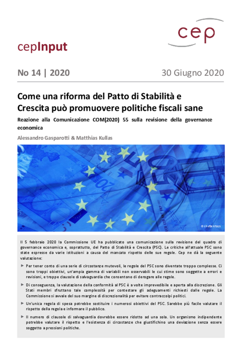 Come una riforma del Patto di stabilità e crescita può promuovere politiche fiscali sane (cepInput)