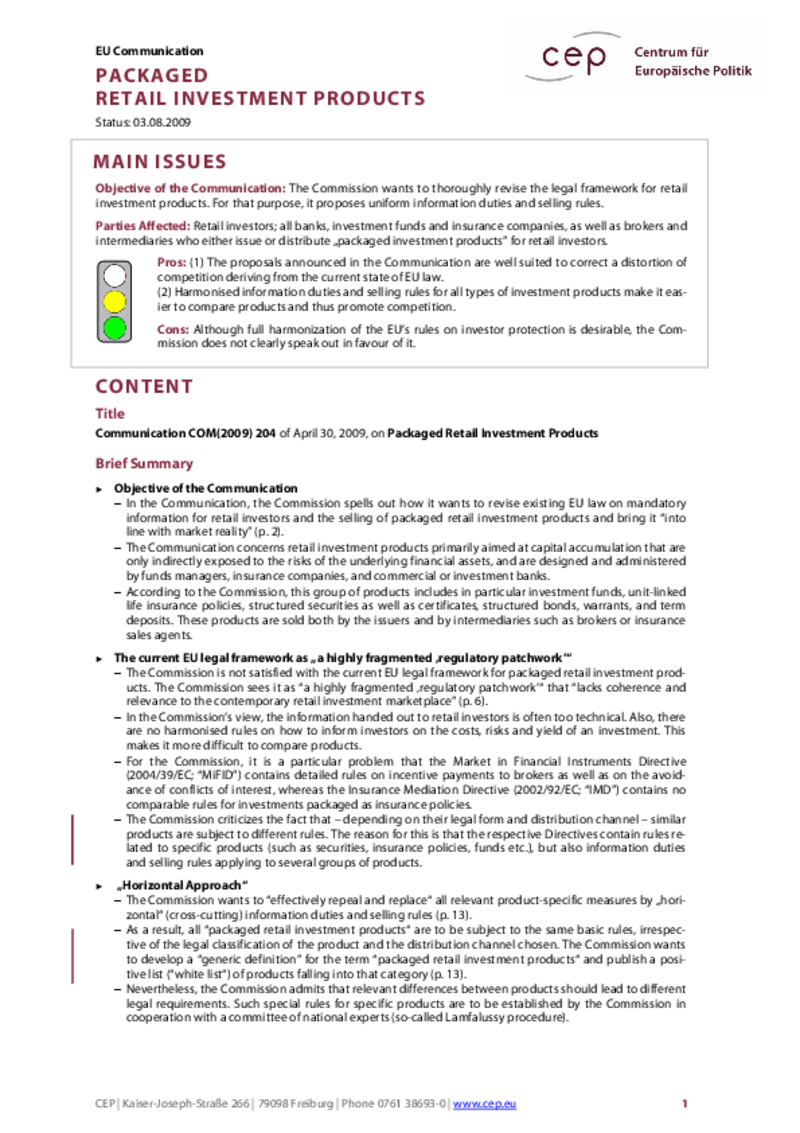 Packaged Retail Investment Products COM(2009) 204