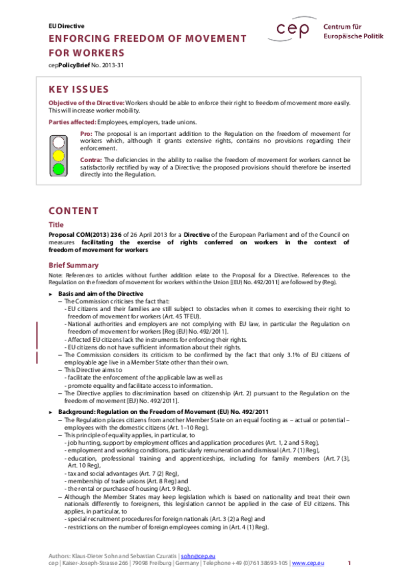 Enforcing Freedom of Movement for Workers COM(2013) 236