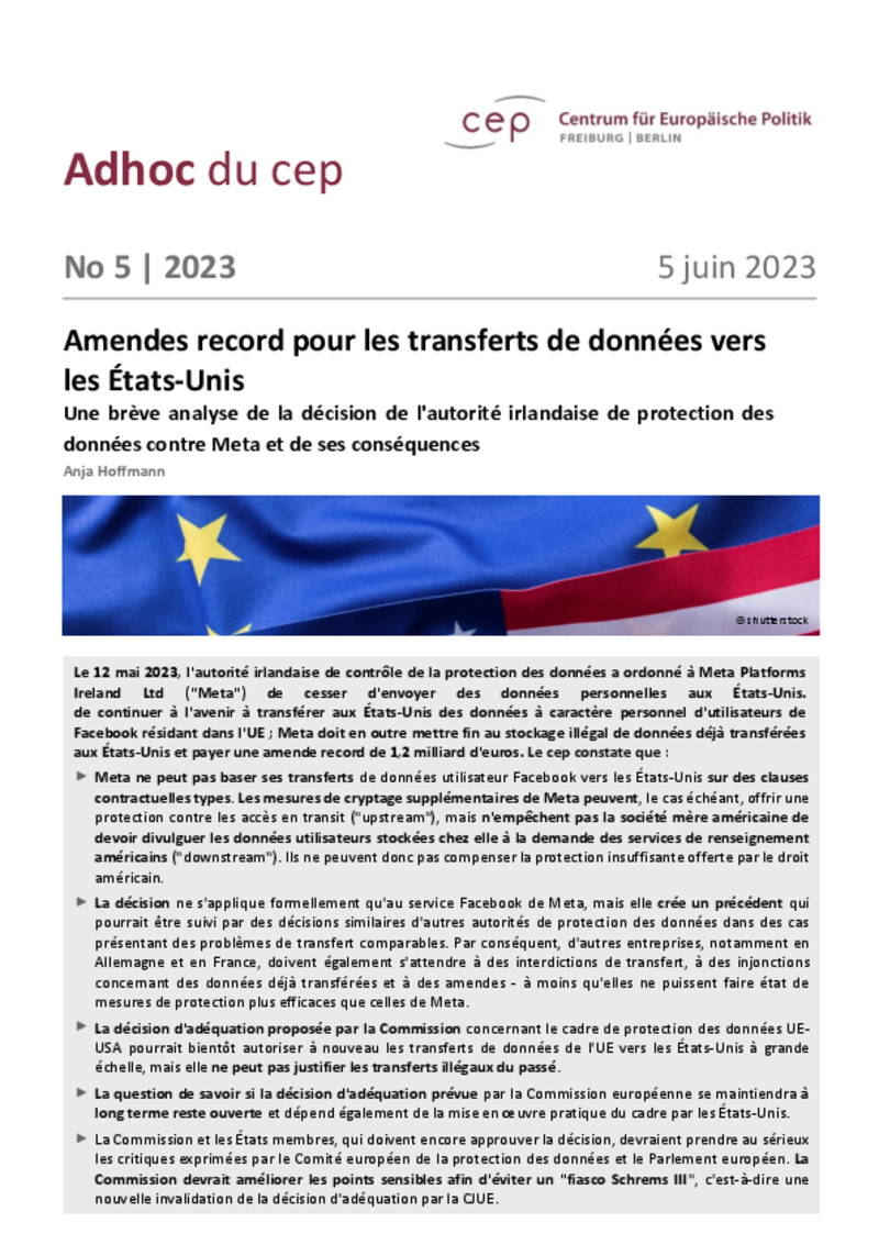 Transfert de données vers les Etats-Unis : amende contre Meta - le cep met en garde contre les risques pesant sur d'autres entreprises